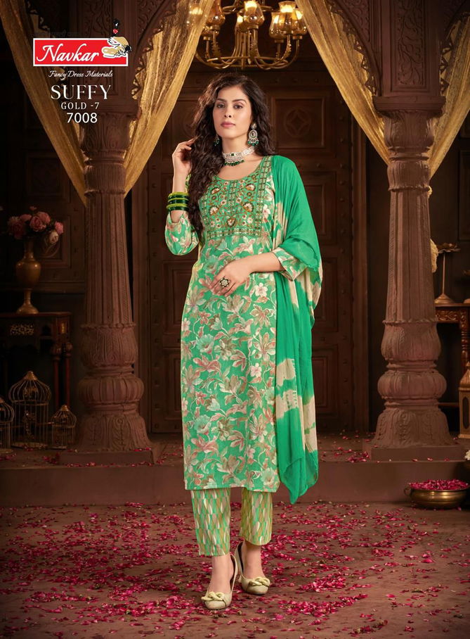 Suffy Gold 7 By Navkar Rayon Foil Printed Kurti With Bottom Dupatta Wholesale Shop In Surat
